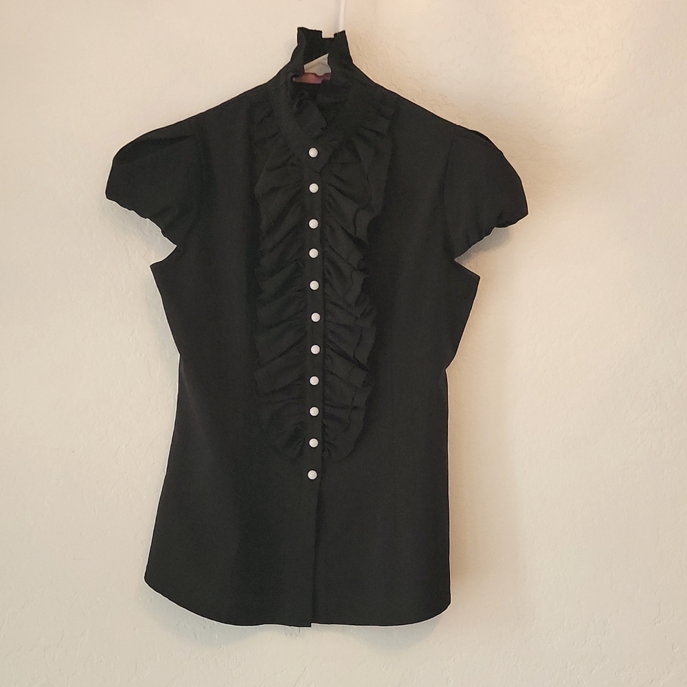 Black High Collar Ruffle Front Blouse